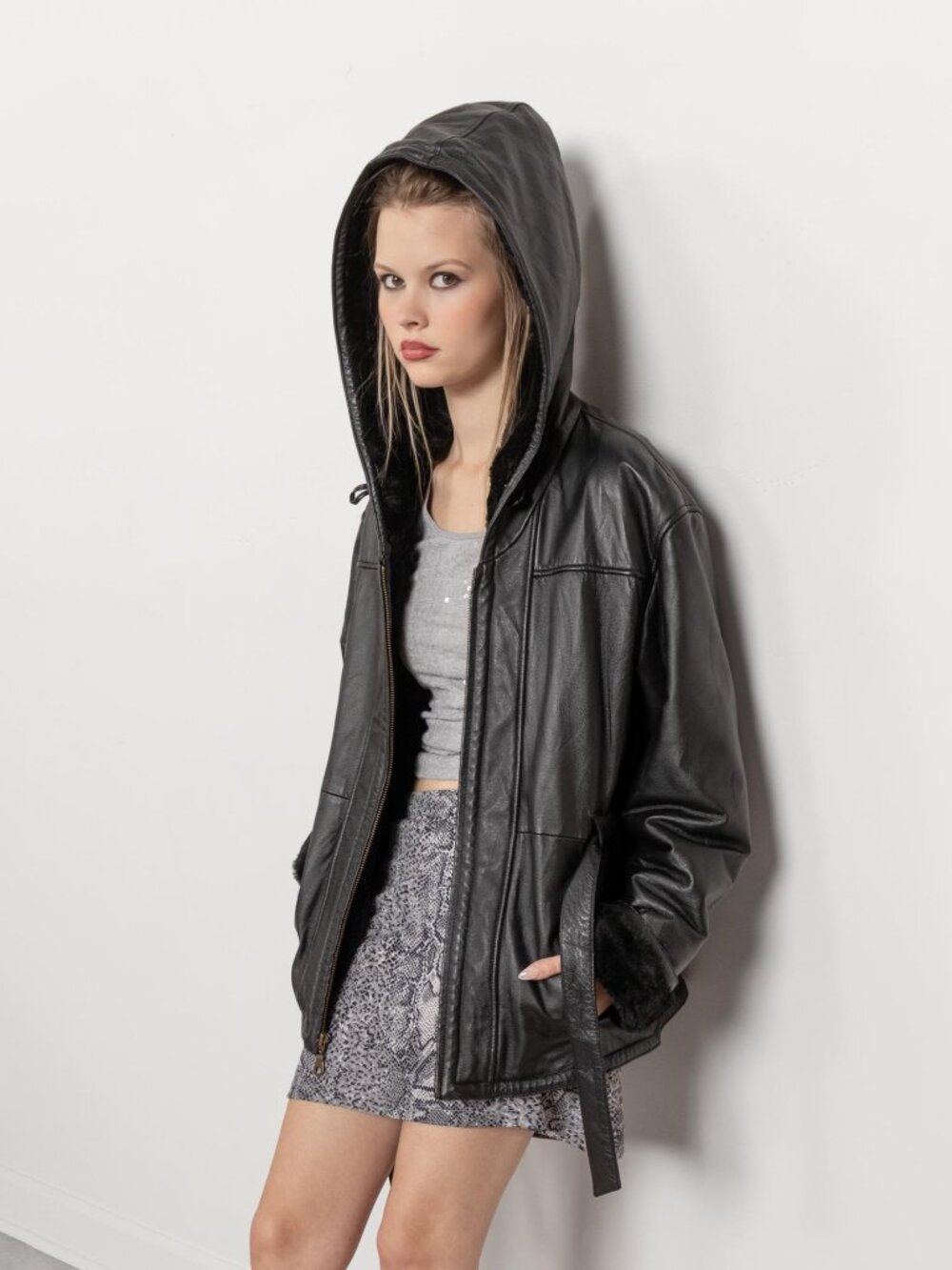 HOODED LEATHER JACKET Vintage Black Blazer Zip Up Coat Woman / Medium